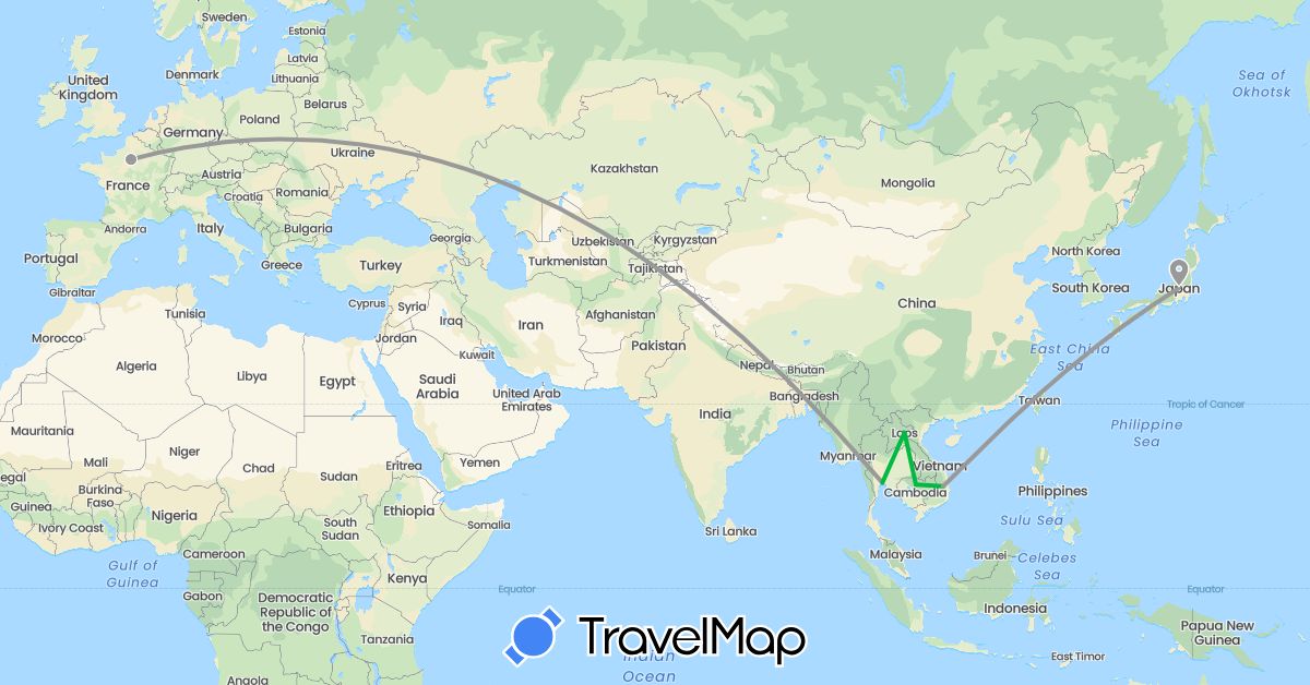 TravelMap itinerary: driving, bus, plane in France, Japan, Cambodia, Laos, Thailand, Vietnam (Asia, Europe)
